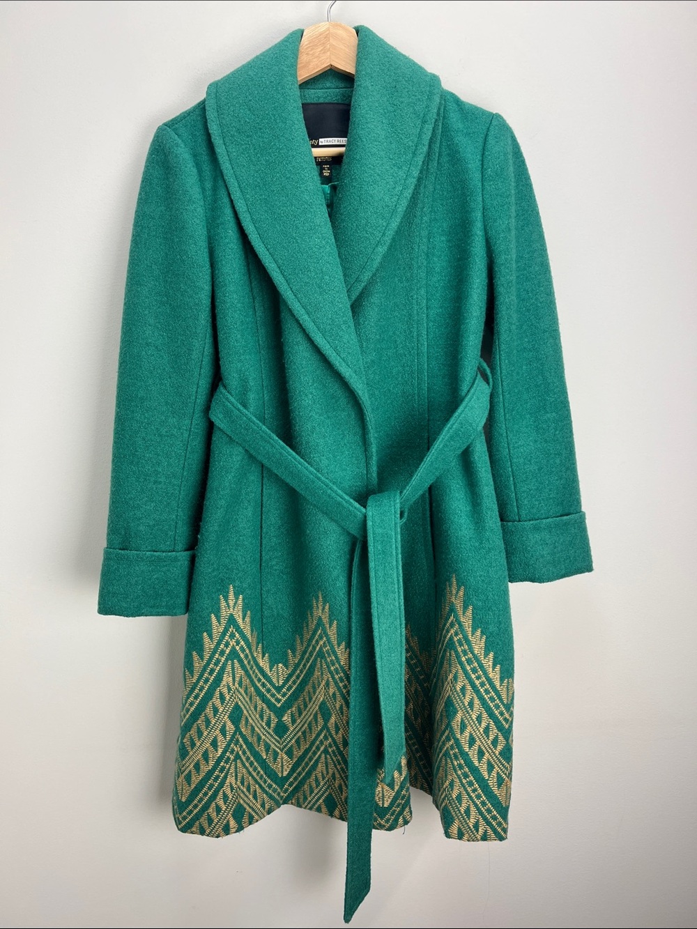 Tracy Reese Anthropologie Stitched Jali Coat Belted Teal Embroidered XS Petite